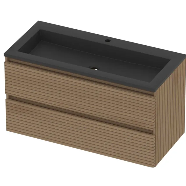 Basic-Line Aura 46 Badmeubelset Acryl 1 Kraangat Greeploos 100x46x54 cm Lamello Oak Mat Zwart