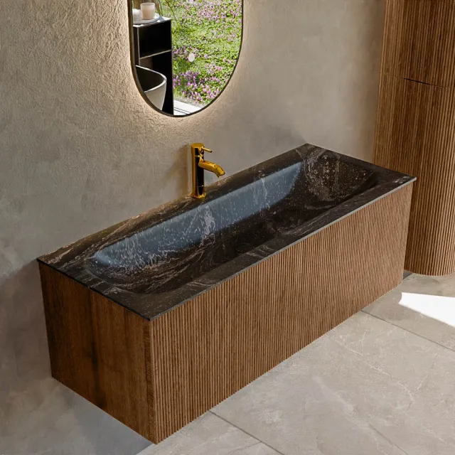 Mondiaz KURVE-DLUX 120 cm Onderkast Greeploos 1 Lade Zonder Deuren Walnut, Wastafel Solid Surface Volledig Lava 1 Kraangat Zonder Spiegel (KRVBGL1201L0D1KM-Wal/Lav)