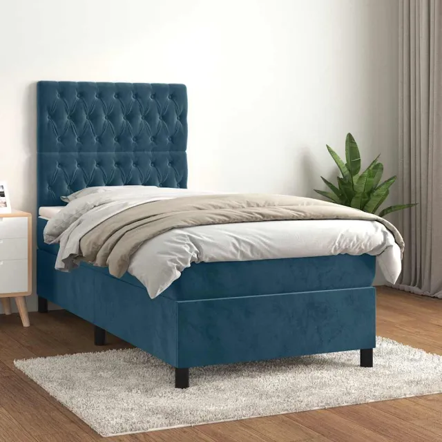 vidaXL Boxspring met matras fluweel donkerblauw 90x200 cm blauw