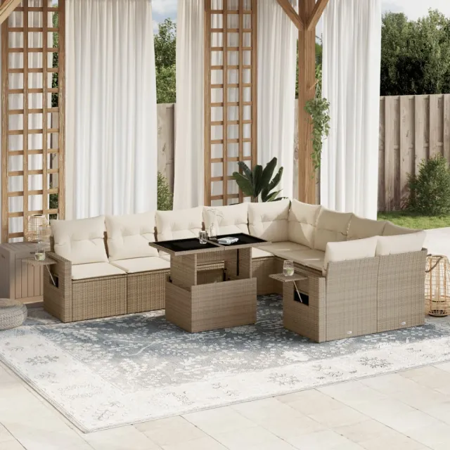 vidaXL 10-delige Loungeset met kussens poly rattan beige, foto 2