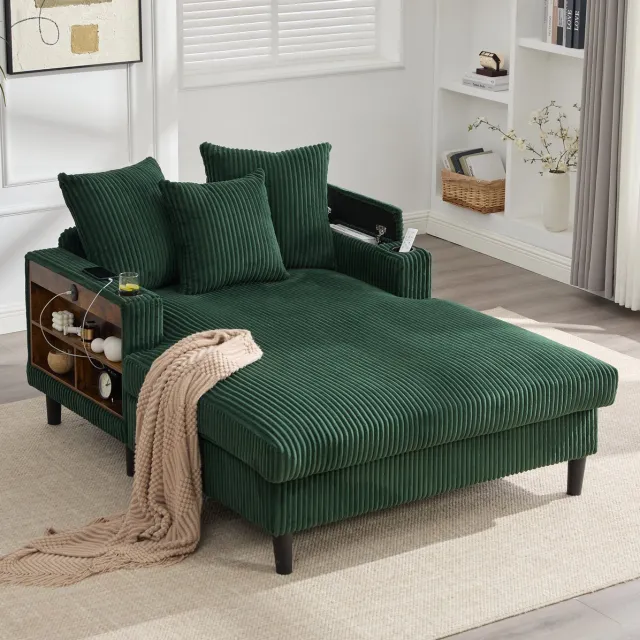 STILVORA Chaise Longue 129x170x70 Cm - Met Led, Usb, Opbergruimte En Bekerhouders - Voor Woonkamer En Lounge - Cordfluweel Groen Smaragdgroen