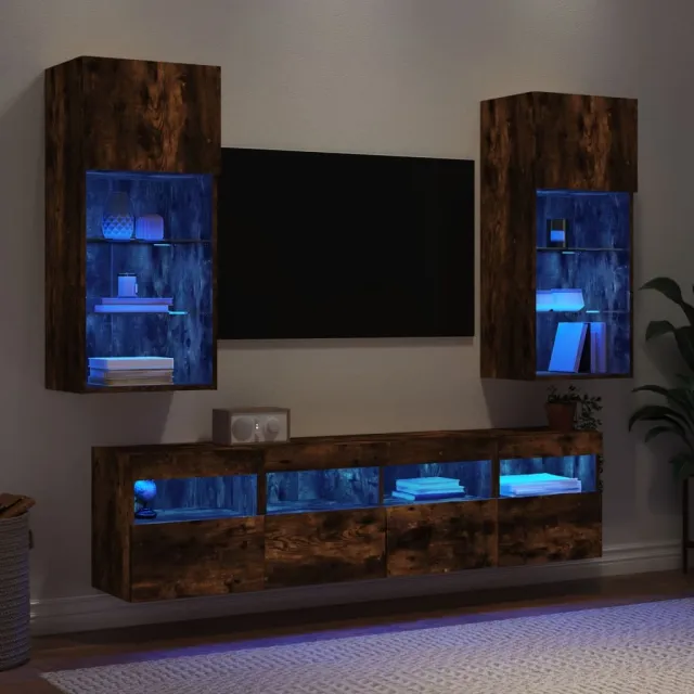 vidaXL 5-delige tv-wandmeubelset met LED bewerkt hout gerookt eiken, foto 2