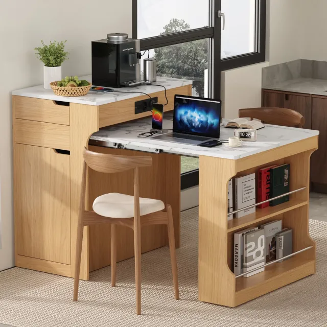 OKWISH Eettafel – Uitschuifbare Keukeneilandtafel – 153x80x93 cm – 2 Lades en Meerlaagse Opbergruimte – Met Stopcontacten en Wielen – Naturel