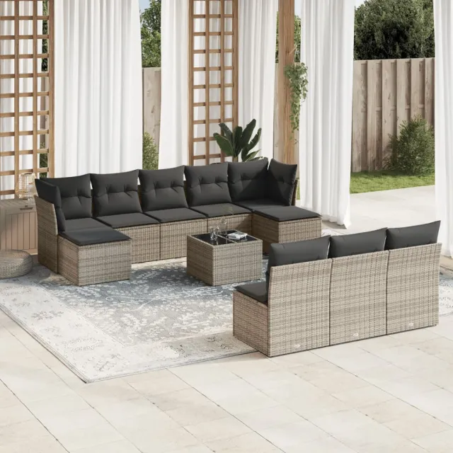 vidaXL 11-delige Loungeset met kussens poly rattan grijs, foto 2