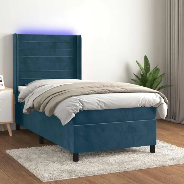 vidaXL Boxspring met matras en LED fluweel donkerblauw 90x200 cm