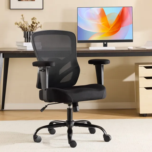 OKWISH Bureaustoel – Ergonomische Draaistoel – Met Verstelbare 2D Armleuningen, Lendensteun En Wielen – Voor Thuis En Kantoor – Zwart
