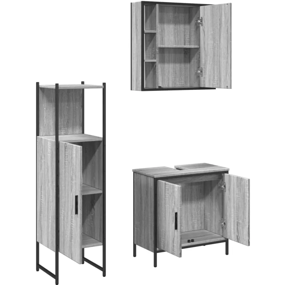 vidaXL 3-delige Badkamermeubelset bewerkt hout grijs sonoma eikenkleur, foto 3