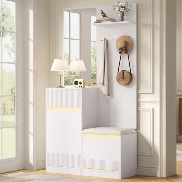 COVREO Schoenenkast 105x38x190 cm wit MDF, met spiegel en zitbank