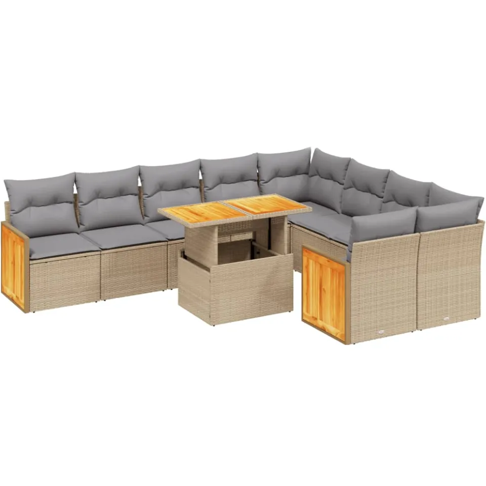 vidaXL 10-delige Loungeset met kussens poly rattan beige, foto 3