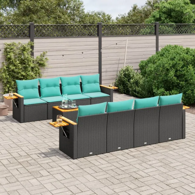 vidaXL 9-delige Loungeset met kussens poly rattan zwart, foto 2