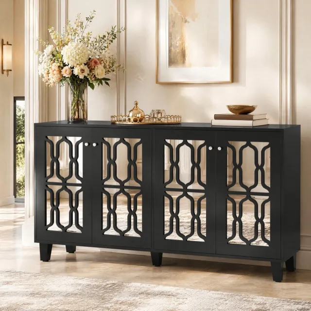MEUNIQ Dressoir 160 x 40 x 84 cm met vier spiegelende deuren en verstelbare legplanken, zwart MDF op houten poten voor woonkamer of eetkamer