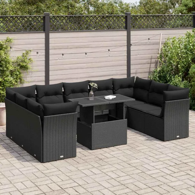 vidaXL 10-delige Loungeset met kussens poly rattan zwart, foto 2