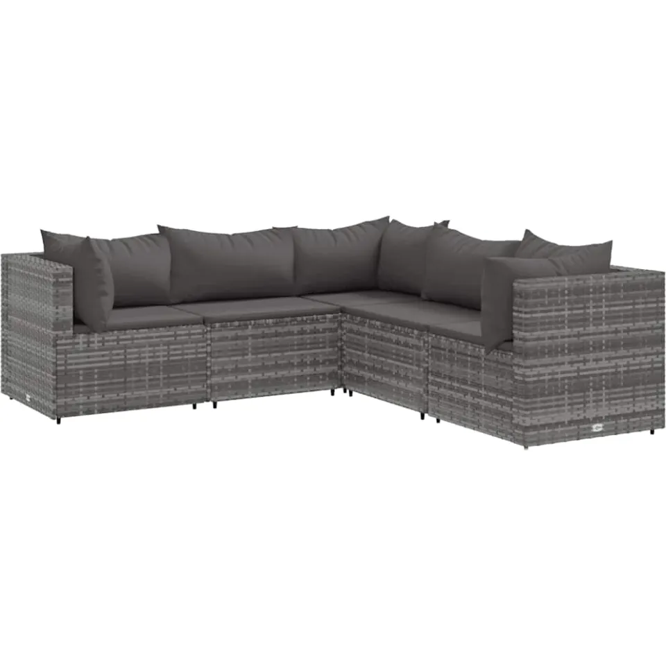 vidaXL 5-delige Loungeset met kussens poly rattan grijs, foto 3