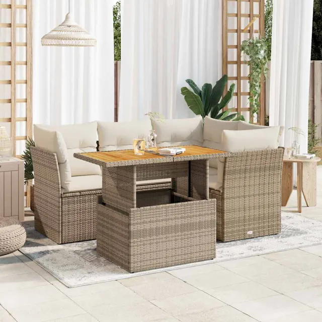 vidaXL 5-delige Loungeset met kussens poly rattan beige, foto 2