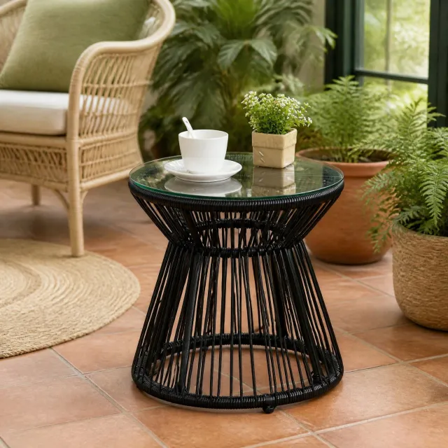 CHICFURN Bijzettafel - Rond - Glazen tafelblad - Metalen frame - Zwart
