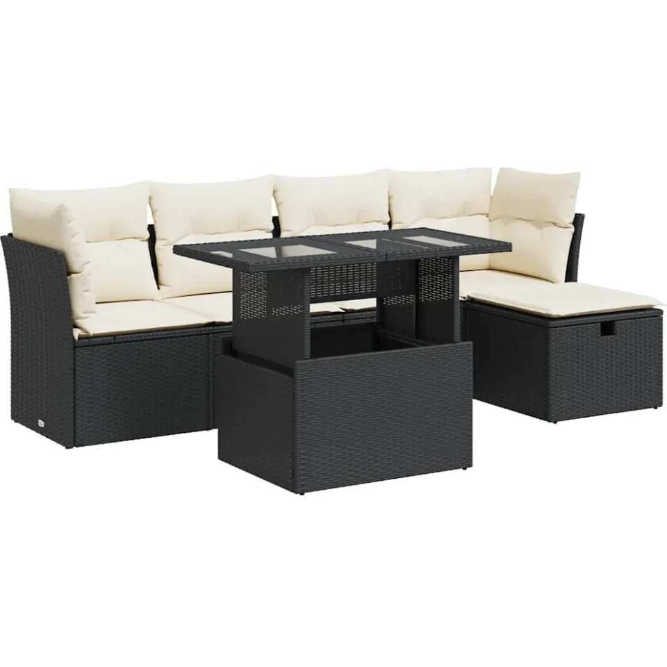 vidaXL 6-delige Loungeset met kussens poly rattan zwart, foto 3