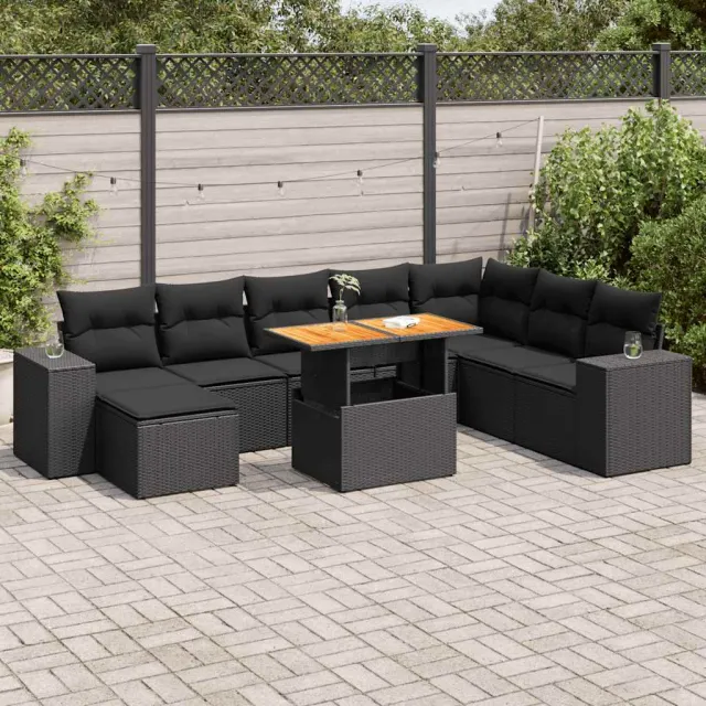vidaXL 9-delige Loungeset met kussens poly rattan acacia zwart, foto 2