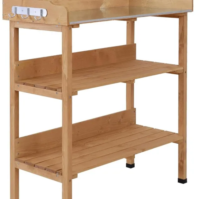RFWR Pottafel met 2 planken en 3 haken voor buiten – Opvouwbare Tuinset voor Verpotten van Planten en Groenten Houtkleur