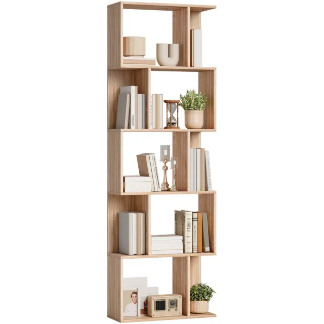 Lunpog Boekenkast met 5 niveaus - S-vormig opbergmeubel met planken - 60 x 24 x 184,5 cm - natuurlijke houtlook Natuurlijke houtkleur