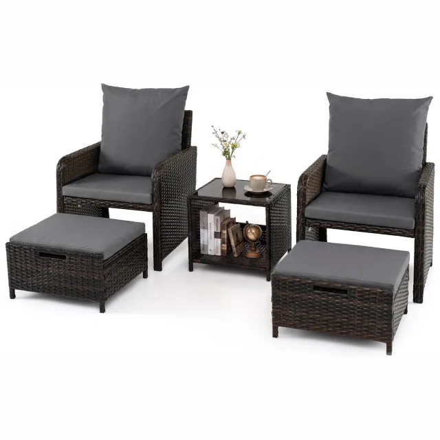 Costway 5-delige balkonmeubelset, tuinmeubelen van PE-polyrotan (grijs) | Balkonset incl. 2 stoelen met kussens, kruk & tafel, terrasmeubilair, tuingarnituur, zitgroep voor tuin, balkon, terras