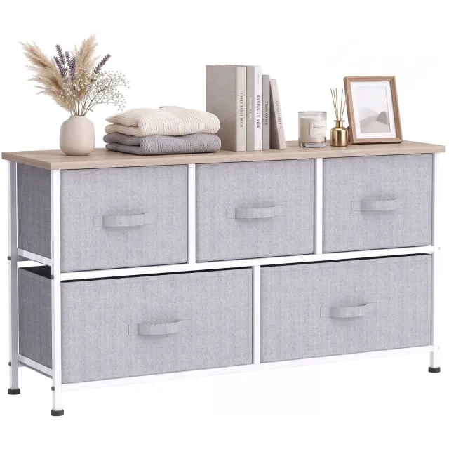 sogiol Ladekast met 5 Stoffen Laden - Ladekasten - Opbergkast - Slaapkamerkast - Metalen Frame - 100 x 30 x 54 cm - Grijs