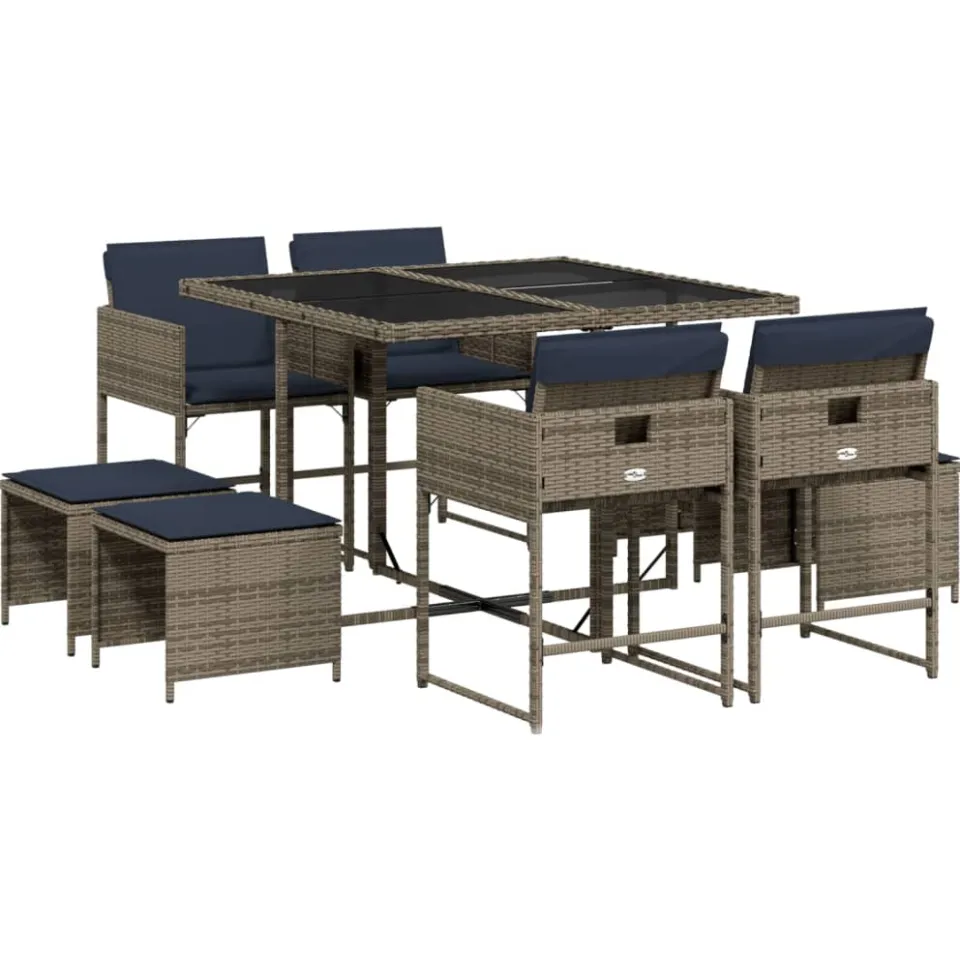 vidaXL 9-delige tuinset met kussens, grijs polyrotan
