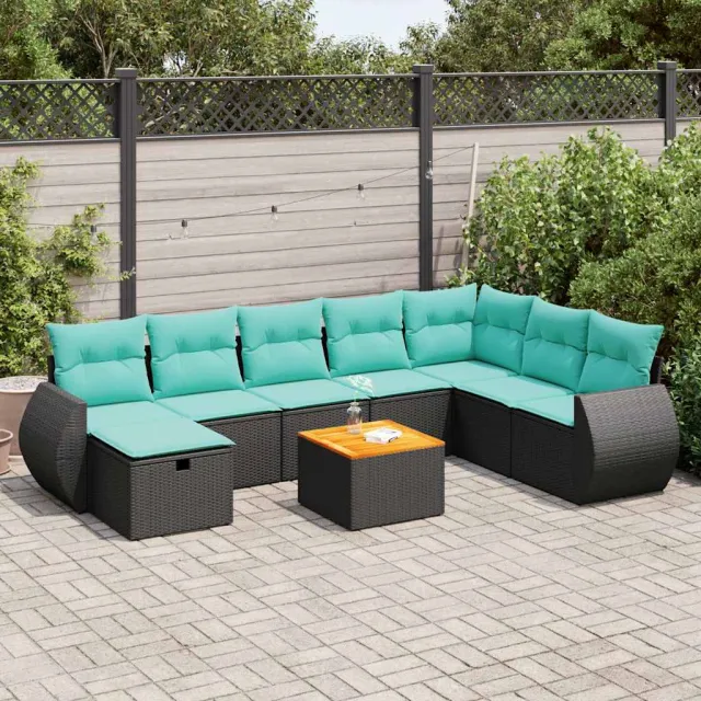vidaXL 9-delige Loungeset met kussens poly rattan zwart, foto 2