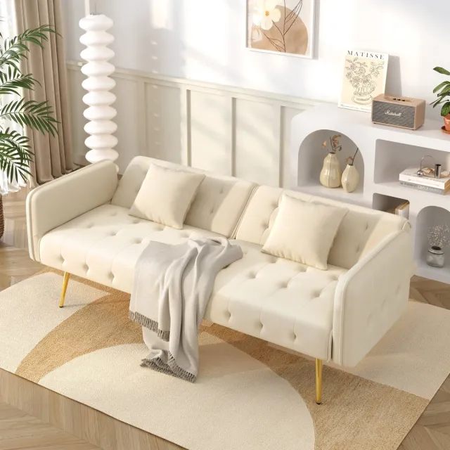 MIVRAY Slaapbank – 2-In-1 Met Verstelbare Rugleuning En Armleuningen – Voor Woonkamer En Logeerkamer – Velours Beige