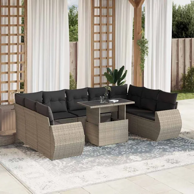 vidaXL 10-delige Loungeset met kussens poly rattan lichtgrijs grijs, foto 2