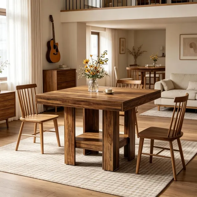 COVREO Vierkante eettafel met onderplank – 80x80x75 cm – Keukentafel voor 2 personen – Eetplek met MDF blad en houten frame – Bruin