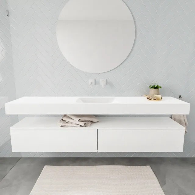 Aqua Splash Badkamermeubel AQS Ibiza 200 cm Twee Soft-Close Lades Solid Surface Wastafel Mat Wit - Outlet! Badmeubel Ibiza 200 cm Twee Lades Spoelbak
