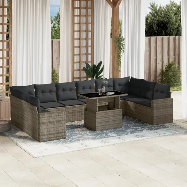 vidaXL 11-delige Loungeset met kussens poly rattan grijs, foto 2