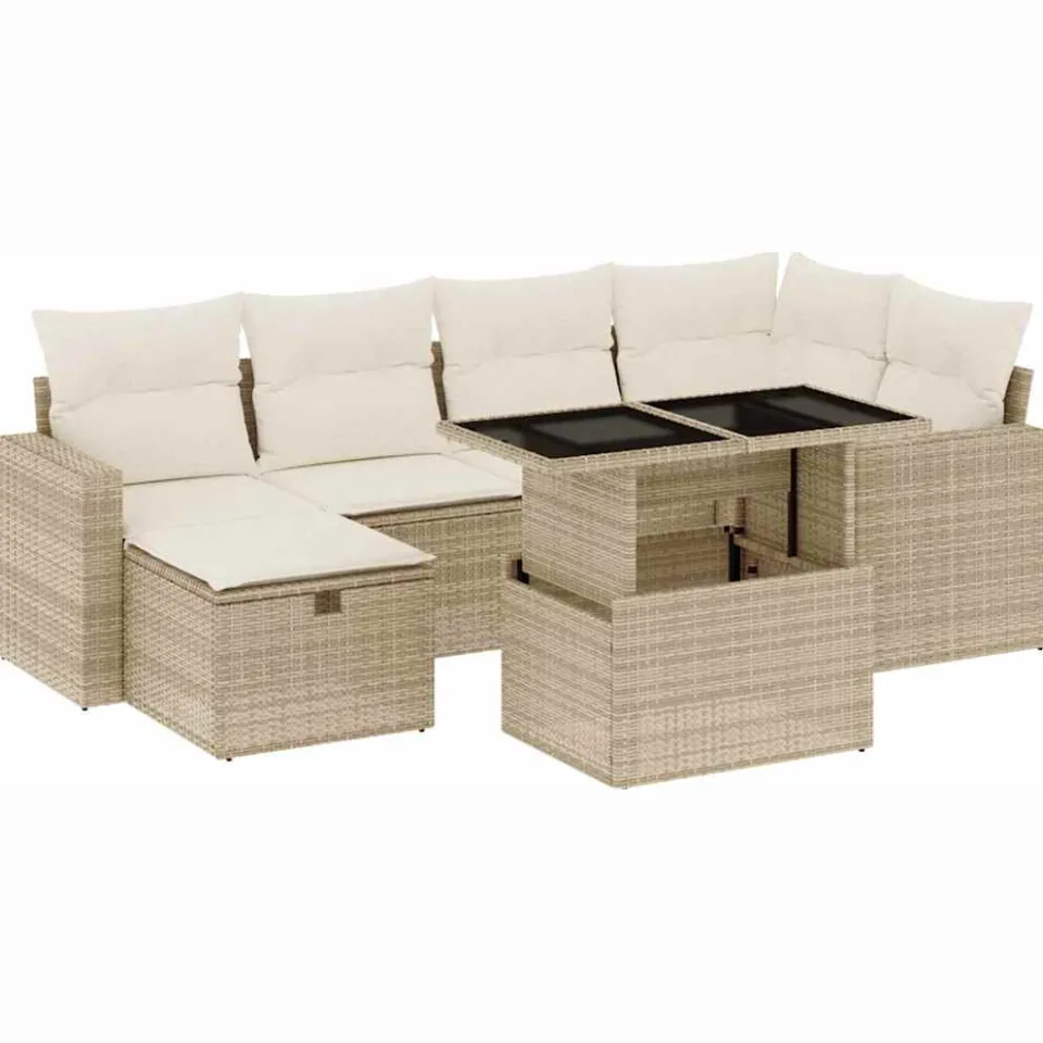 vidaXL 7-delige Loungeset met kussens poly rattan beige, foto 3