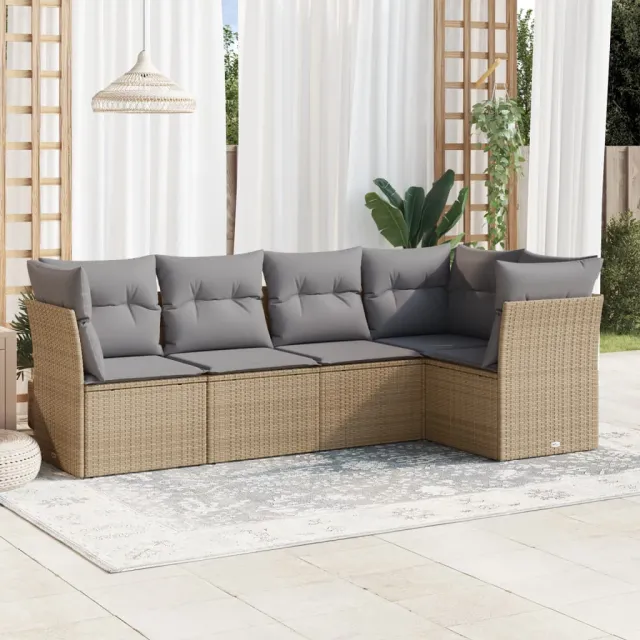 vidaXL 5-delige Loungeset met kussens poly rattan beige, foto 2