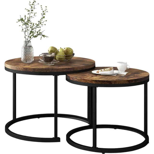 YYchan Salontafel - Ronde Bijzettafels Set van 2 - Retro Design - Vintage Houtlook - 70.5 & 44 cm - Bruin