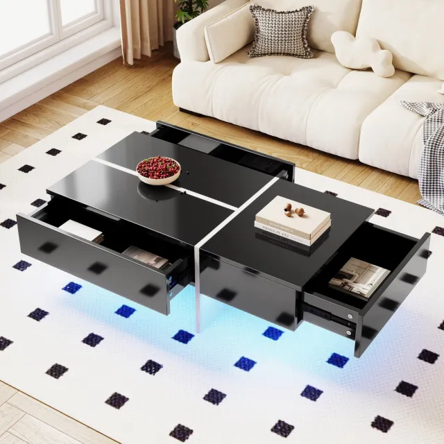 Clruro Hoogglans Salontafel - Zwart-Witte Kleurblokstructuur - Woonkamermeubel - 100x50x34,5 cm - LED Verlichting - MDF - Zwart/Wit