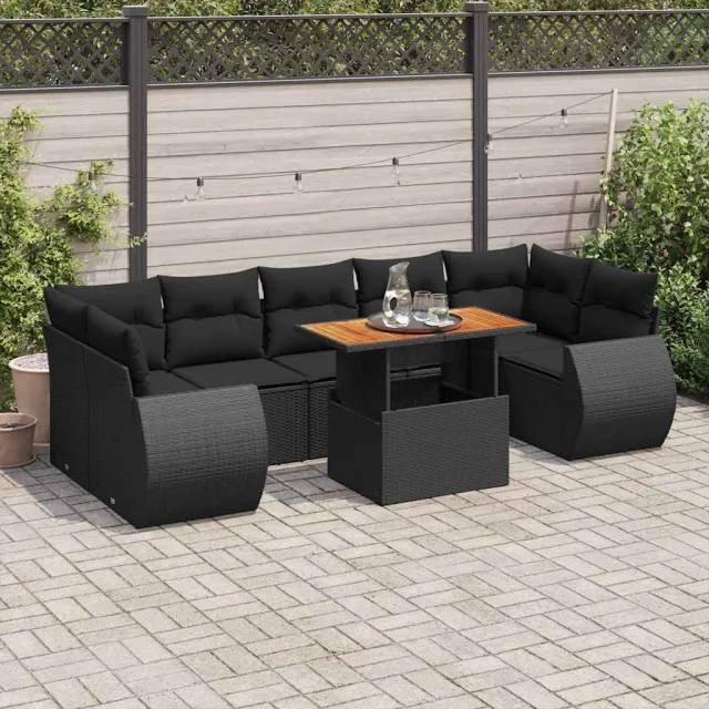 vidaXL 8-delige Loungeset met kussens poly rattan zwart, foto 2