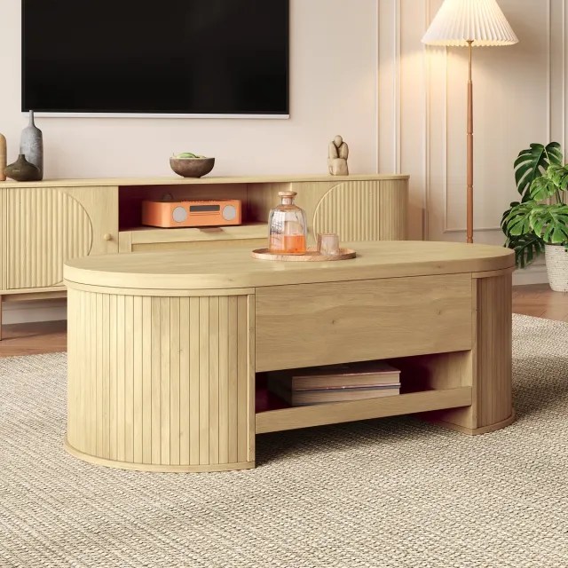 DESMIU Salontafel - In Hoogte Verstelbaar Met Opklapbaar Blad En Uitschuifbare Plank - Voor Woonkamer En Ontspanning - MDF - Naturel - 110 x 55,5 x 40 Cm Natuurlijk