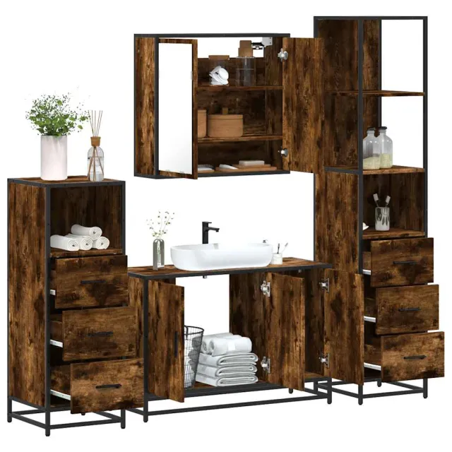 vidaXL 4-delige Badkamermeubelset bewerkt hout gerookt eikenkleurig, foto 2