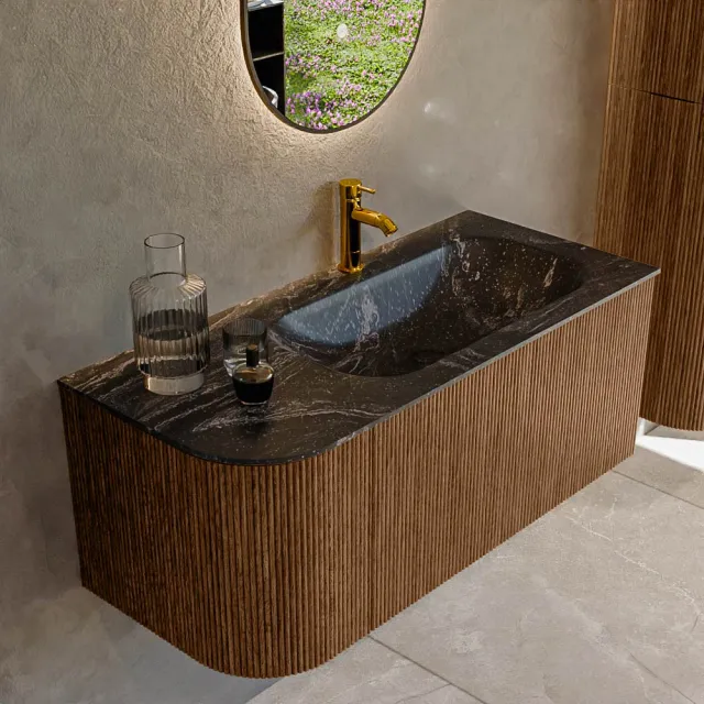 Mondiaz KURVE-DLUX 105 cm Onderkast Greeploos 1 Lade Met Deuren Walnut, Wastafel Solid Surface Rechts Lava 1 Kraangat Zonder Spiegel (KRVBGS105L1L1D1KR-Wal/Lav)