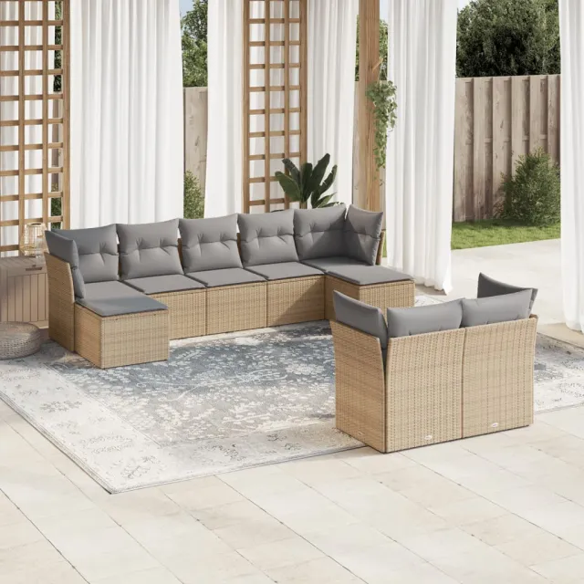 vidaXL 9-delige Loungeset met kussens poly rattan beige, foto 2