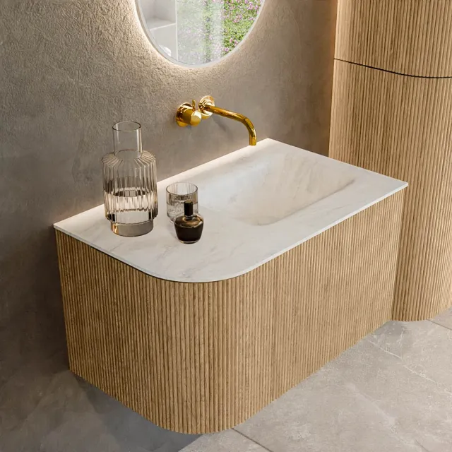 Mondiaz KURVE-DLUX 75 cm Onderkast Greeploos 1 Lade Met Deuren Oak, Wastafel Solid Surface Rechts Opalo 0 Kraangaten Zonder Spiegel (KRVGRU75L1L1D0KR-Oak/Opa)