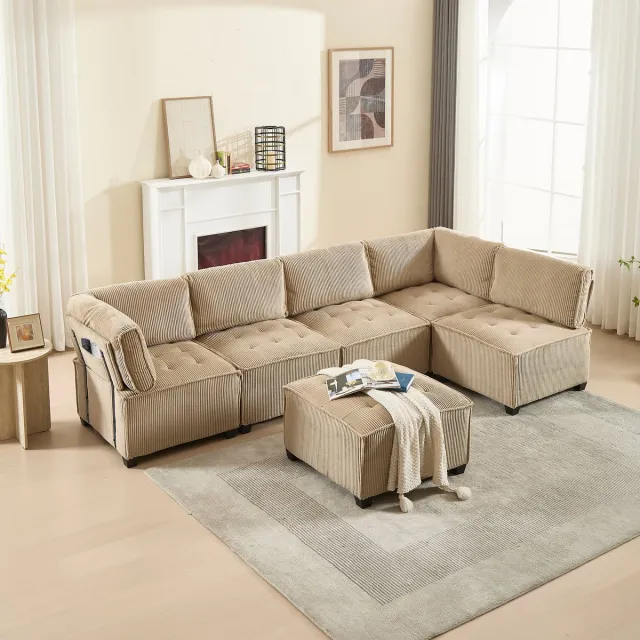 Welltin Hoekbank - Modulaire 6-zitsbank, corduroy stof, ergonomisch, opbergvakken, flexibel te combineren als U-vorm/L-vorm/slaapbank, stabiel frame - hout - metaal, eenvoudige montage - Kaki
