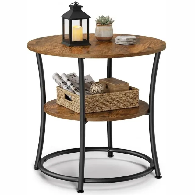 MAZAZU Bijzettafel Rond - Nachtkastje - Industrieel Hout en Metaal - 55x55x55 cm - Bruin