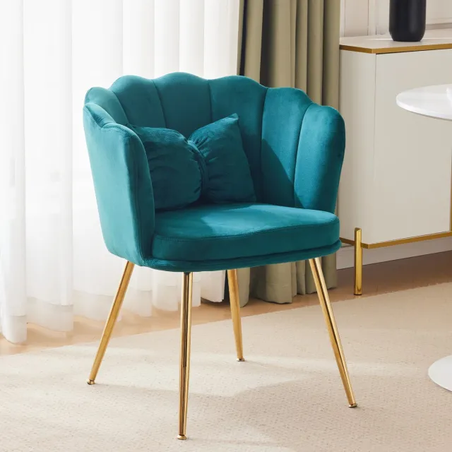 Zubaliya Moderne Fauteuil in Fluweel Voor de Woonkamer, Comfortabele, Gestoffeerde, Decoratieve Stoel met Bloembladvormige Rugleuning en Verguld Metalen Poten en Vlinderkussens voor de Slaap-/Eetkamer,Groente