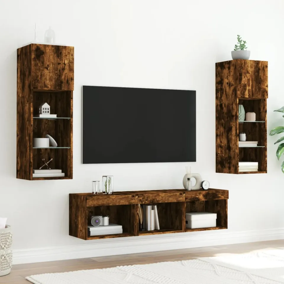 vidaXL 5-delige tv-wandmeubelset met LED bewerkt hout gerookt eiken, foto 3
