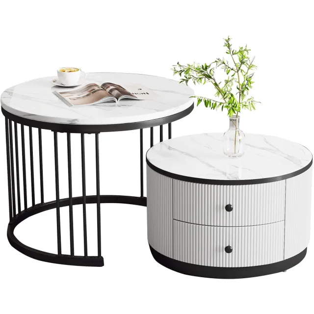 Maisentiel Salontafelset van 2 - rond 60 en 50 cm - 2 lades - MDF - wit/zwart