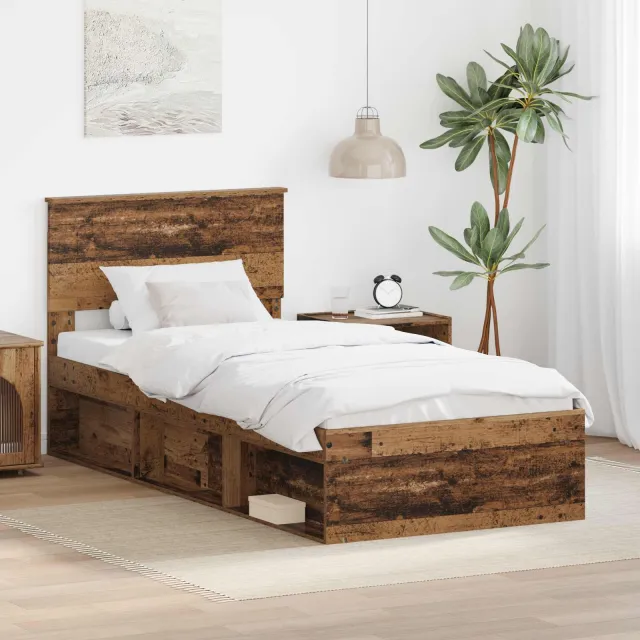 vidaXL Bedframe met hoofdeinde Oudhout 90 x 200 cm Bewerkt hout Bruin
