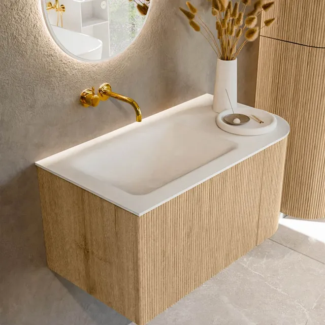 Mondiaz KURVE 85 cm Onderkast Greeploos 1 Lade Met Deuren Oak, Wastafel Solid Surface Links Talc 0 Kraangaten Zonder Spiegel (KRVCLO85R1L1D0KL-Oak/Tal)