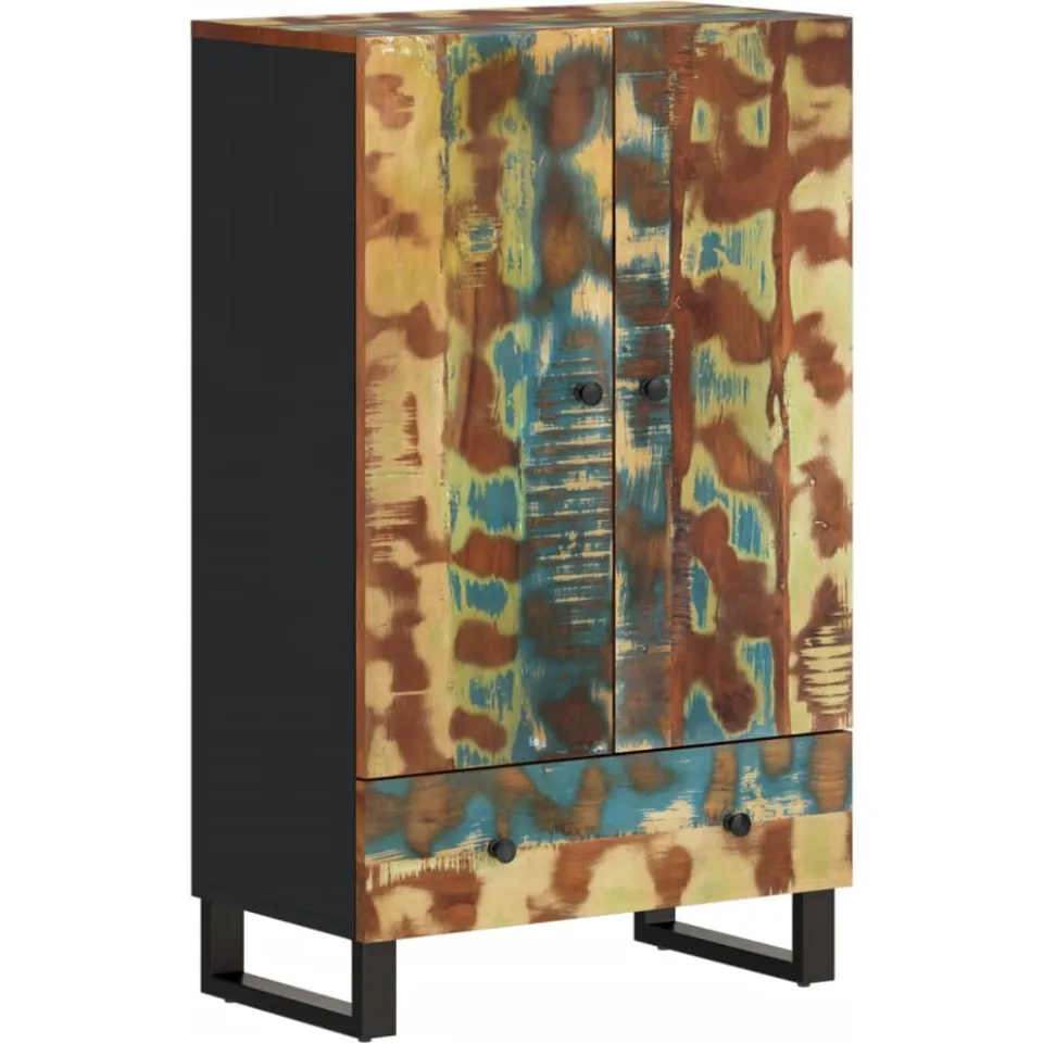 vidaXL Hoge kast met lade 60x33x100 cm gerecycled hout en ijzer meerkleurig, foto 3